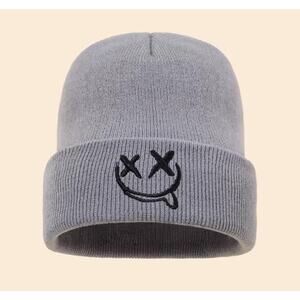 Grey Adult Beanie XP Tongue Out Emoji Smiley Face One Size Hat